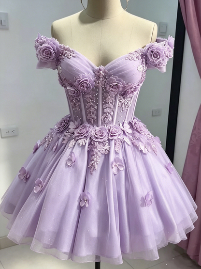 Beautiful Off The Shoulder Tulle Appliques Short Prom Dress,Pink A Line Short Graduation Homecoming Dress SP3260