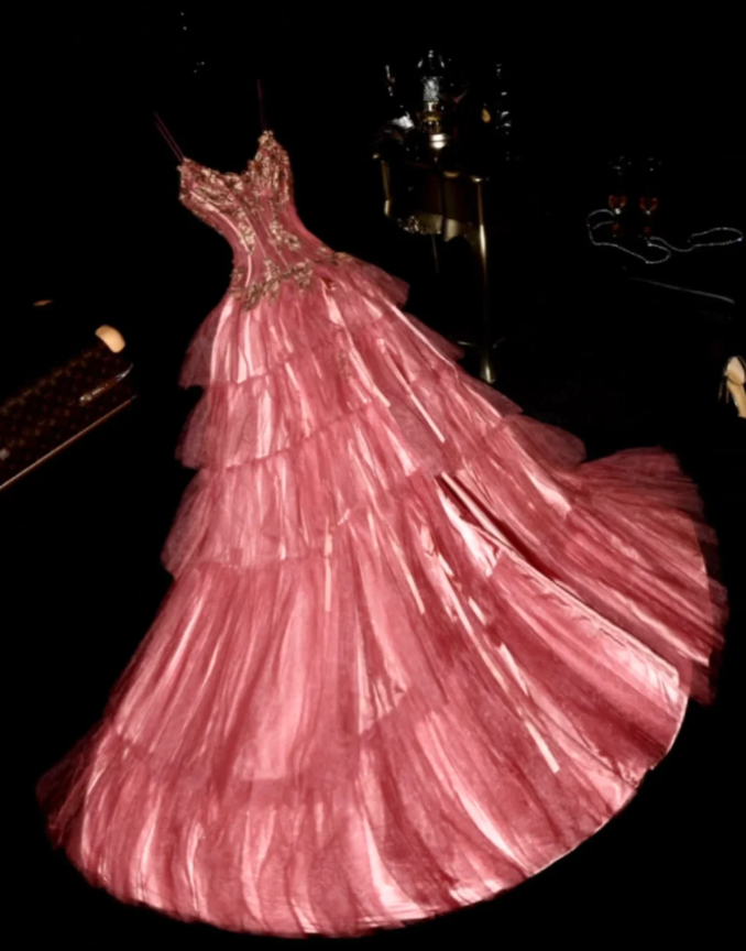 Charming Coral Pink Spaghetti Straps Tulle Layered Mermaid Slit Long Birthday Party Dress SP759