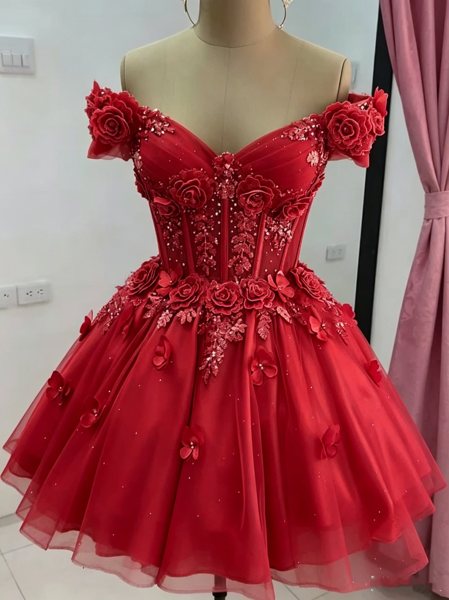 Beautiful Off The Shoulder Tulle Appliques Short Prom Dress,Pink A Line Short Graduation Homecoming Dress SP3260