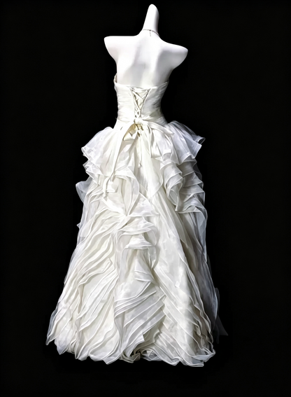 Elegant Strapless Beaded Tulle Ruffles Long Party Dress White Birthday Prom Gown SP3190