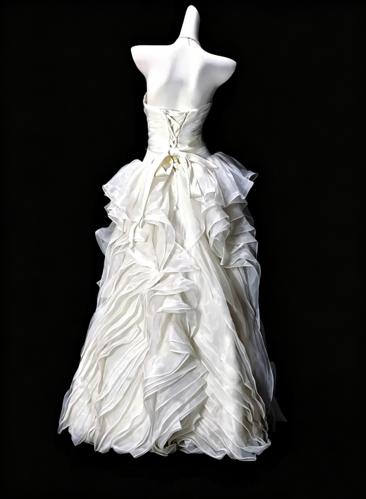 Elegant Strapless Beaded Tulle Ruffles Long Party Dress White Birthday Prom Gown SP3190