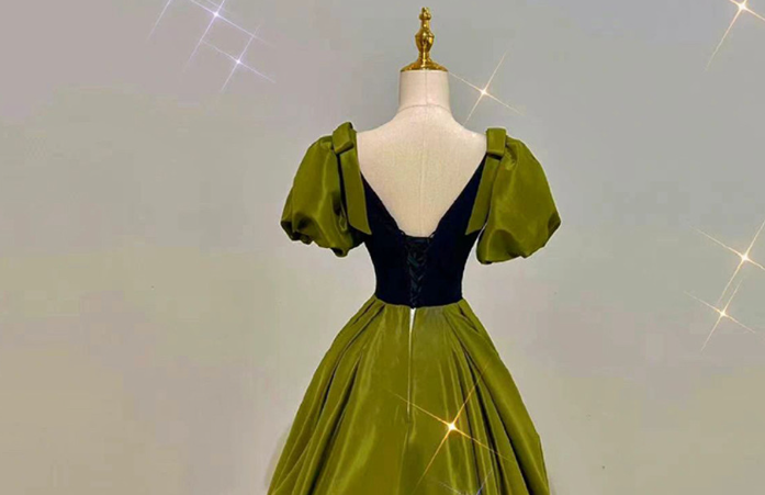 Sexy Green Satin V Neck Puff Sleeves Prom Dress Brithday Ball Gown Party Dress Y7600