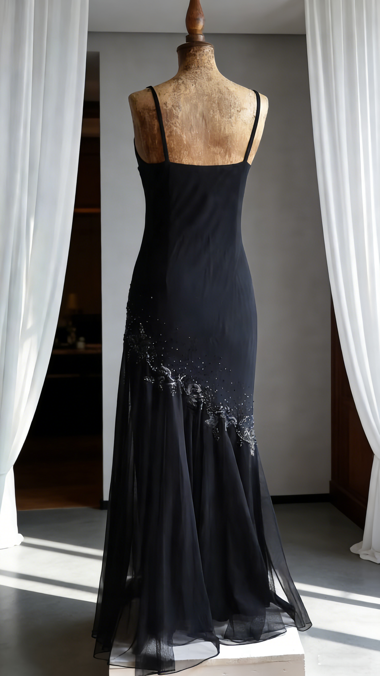 Elegant Spaghetti Straps Black V Neck Chiffon Beaded Mermaid Long Party Dress Formal Evening Dress SP1809