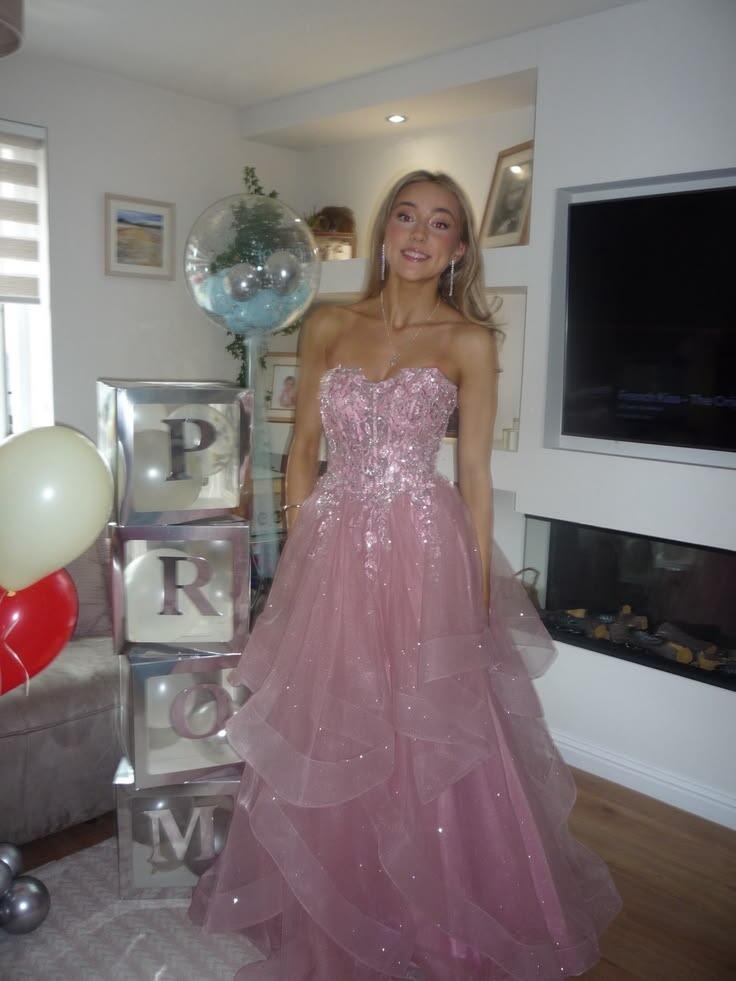 Shiny Pink Tulle Sequin Appliques Long Party Dress Evening Gown SP4021