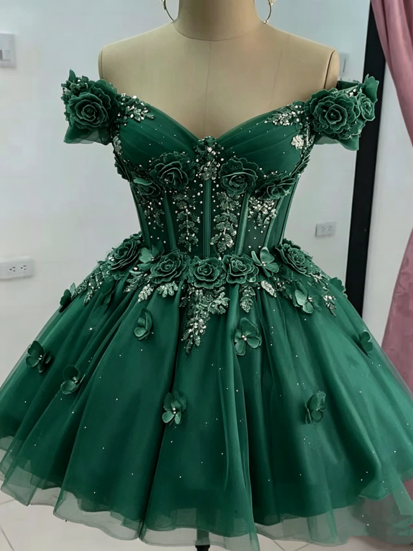 Beautiful Off The Shoulder Tulle Appliques Short Prom Dress,Pink A Line Short Graduation Homecoming Dress SP3260