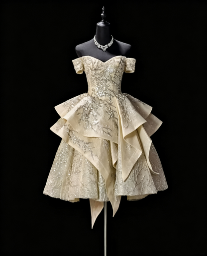 Shiny Champagne Off The Shoulder Satin Tulle Sequin Beaded A Line Short Homecoming Dress Birthday Dress SP3187
