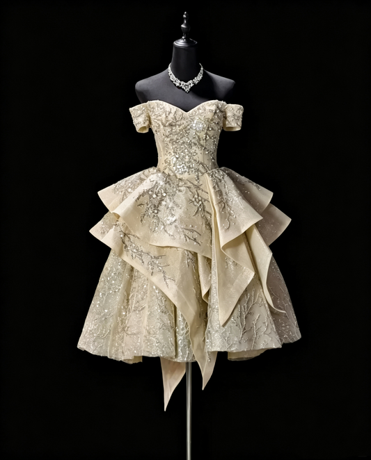 Shiny Champagne Off The Shoulder Satin Tulle Sequin Beaded A Line Short Homecoming Dress Birthday Dress SP3187
