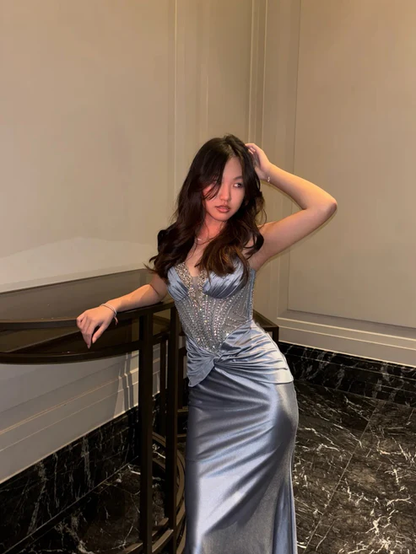 Elegant Spaghetti Straps Blue Satin Beaded Mermaid Long Evening Dress Formal Wedding Guest Dress SP1479