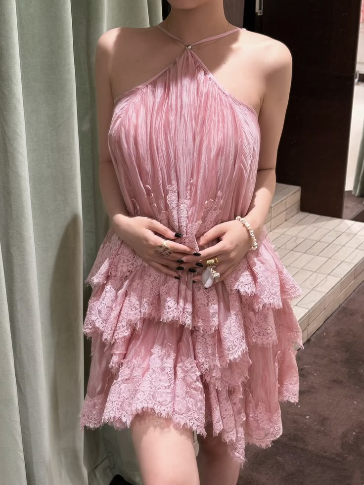 Clamorous Pink Halter Tulle Lace A Line Short Homecoming Dress Birthday Outfits SP3620