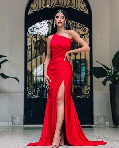 Red Simple Mermaid Prom Dress With Split,Red Evening Dress  Y5714