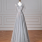 Sparkly Gray Tulle Sequins A Line Prom Dress,Sexy V Neck Evening Dress Y8638