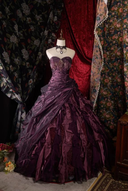 Vintage Sweetheart Neck Tulle Satin Pleated Ball Gown Purple Formal Birthday Quinceanera Dress SP1361