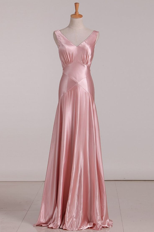 A Line V Neck Bridesmaid Dresses Open Back Stretch Satin Floor Length Prom Dress Y6952