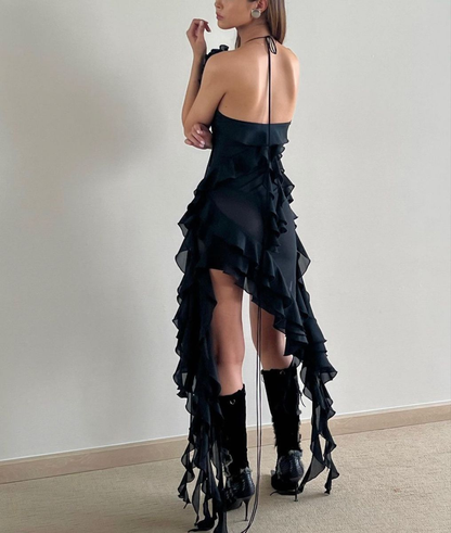 Sexy Halter Black Chiffon Ruffles Long Party Dress Evening Dress SP13