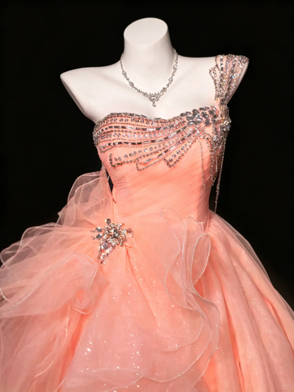 Dreamy Blush Peach One Shoulder Princess Ball Dress Sparkly Rhinestone Bodice Big Ruffle Bow Tulle Quinceanera Dress SP2733