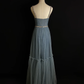 Simple Blue Tulle Beaded A Line Evening Dress,Spaghetti Straps V Neck Prom Dress Y8649