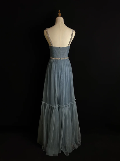 Simple Blue Tulle Beaded A Line Evening Dress,Spaghetti Straps V Neck Prom Dress Y8649