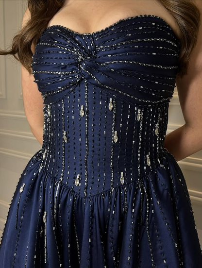 Pretty Navy Blue Satin Beaded A Line Long Party Dress Prom Gown SP4144
