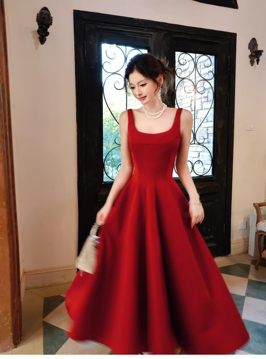 Fashion Spaghetti Strap Red Satin A Line Long Evening Dress Formal Birthday Prom Dresses SP1653