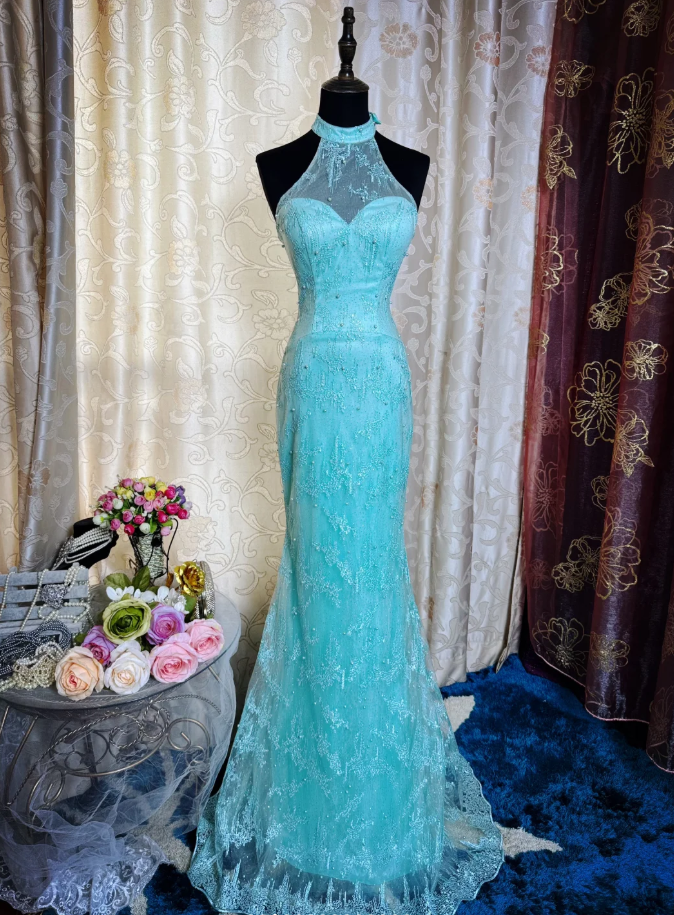 Glamorous Sleeveless Mint Green Lace Beaded Mermaid Long Prom Dress Formal Birthday Evening Gown SP1893