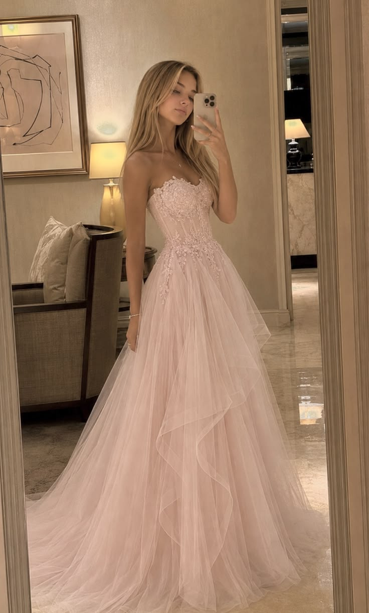 Elegant Sweetheart Neck Tulle Appliques Pink Long Party Dress Birthday Prom Dress SP2963