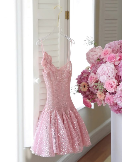 Sparkly Pink Spaghetti Straps Sequin A Line Short Homecoming Dress Cocktail Dress SP2649