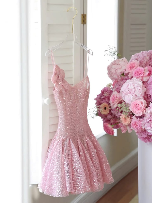 Sparkly Pink Spaghetti Straps Sequin A Line Short Homecoming Dress Cocktail Dress SP2649