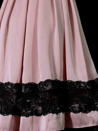 Pretty Pink Satin Pleated Lace Long Party Dress Long Wedding Guest Dress SP4041
