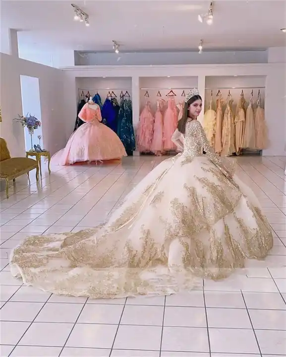 Champagne Ruffle Ball Gowns Quinceanera Dresses Sequin Beading Appliques Long Sleeve Formal Prom Princess Dress Y4952