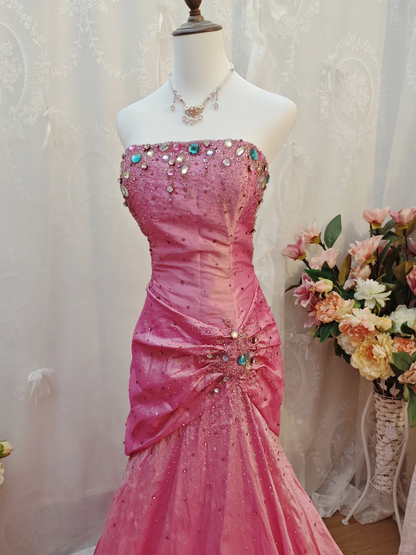 Gorgeous Strapless Pink Satin Pleated Mermaid Long Evening Dress 17th Birthday Dress With Beads SP2257