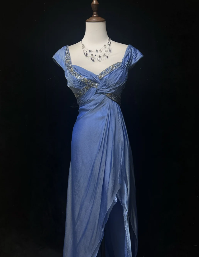 Unique Blue V Neck Satin Chiffon Beaded Mermaid Long Party Dress Birthday Prom Dresses SP1863