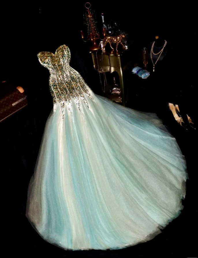 Gorgeous Green Strapless Tulle Sequin Beaded Mermaid Party Dress Long Prom Gown SP949