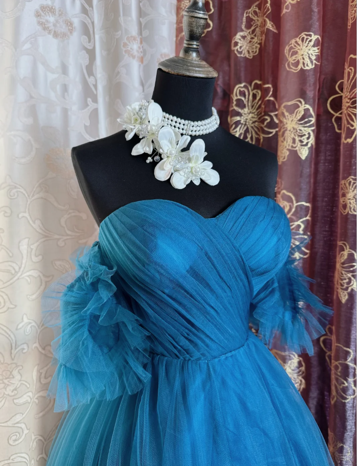 Elegant Peacock Blue Off The Tulle A Line Wedding Guest Dress Long Evening Dress Prom Dress SP1613