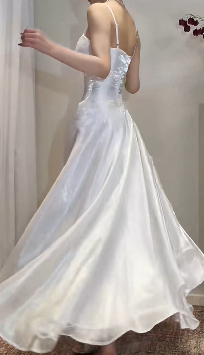 Glamorous White Spaghetti Straps Organza A Line Long Party Dress Formal Wedding Guest Dress SP425