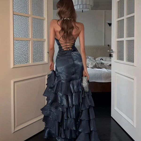 Elegant Navy Blue V Neck Satin Ruffles Layered Mermaid Slit Long Party Dress ,Formal Birthday Prom Dress SP1553