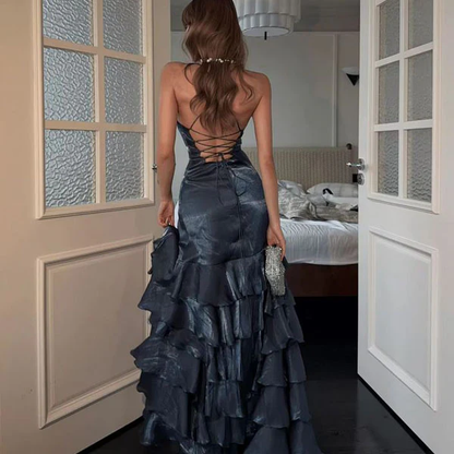 Elegant Navy Blue V Neck Satin Ruffles Layered Mermaid Slit Long Party Dress ,Formal Birthday Prom Dress SP1553