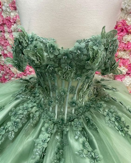 Sweetheart Sage Green Quinceanera Dresses Butterfly Applique Ball Gown Tulle Sweet 16 Dress A-line Lace Up Luxury Prom Dress Y4341