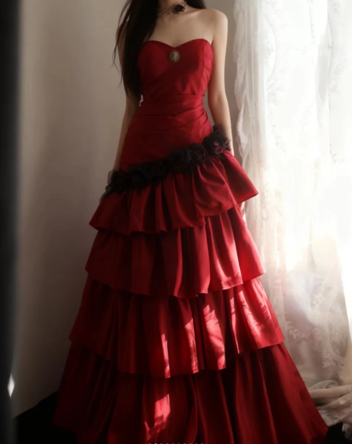 Vintage Red Strapless Satin Layered Mermaid Long Prom Dresses Evening Dress SP1174