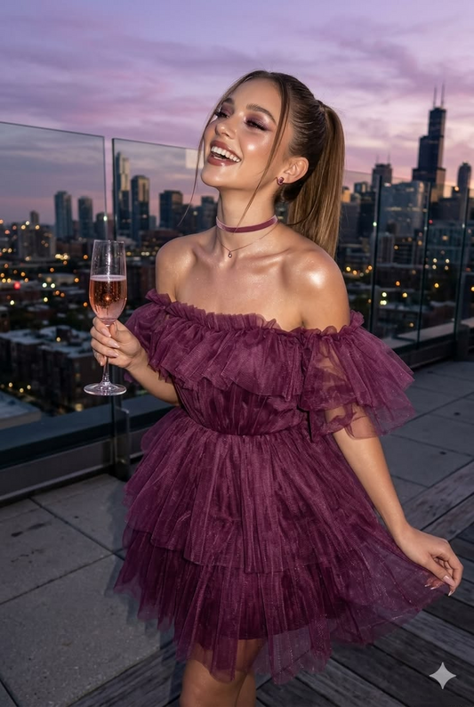 Vintage Purple Tulle A Line Short 9th Grade Homecoming Dress,Off The Shoulder Mini Birthday Dress SP3047