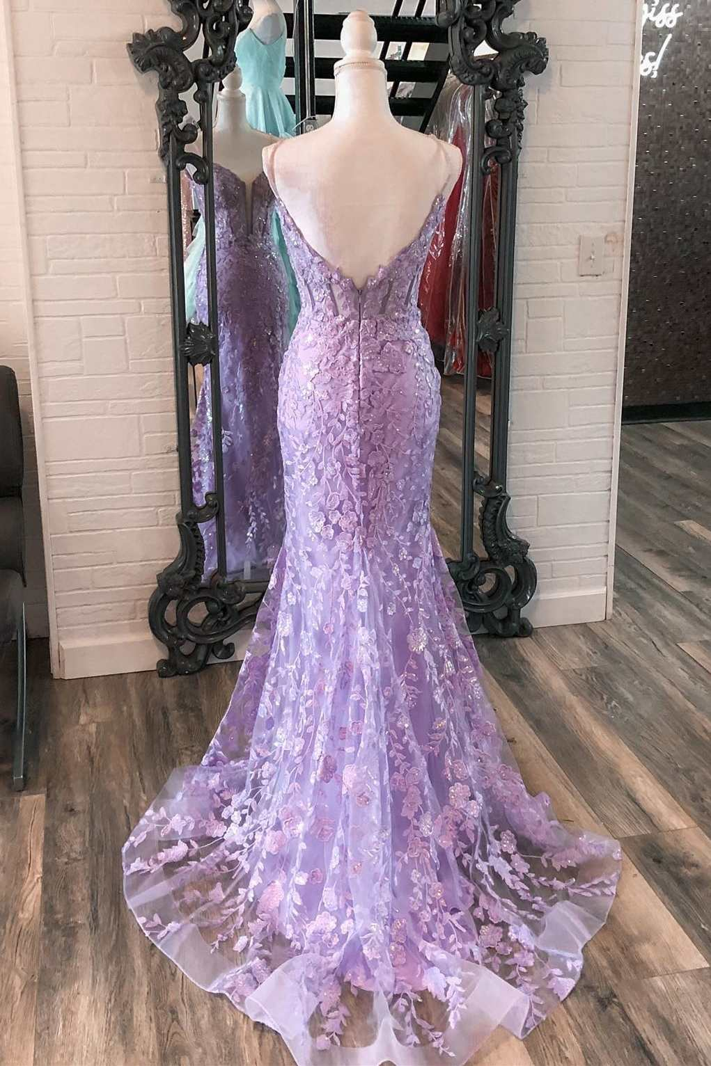 Lavender Floral Appliques Split Neck Mermaid Long Prom Dress,Y2465