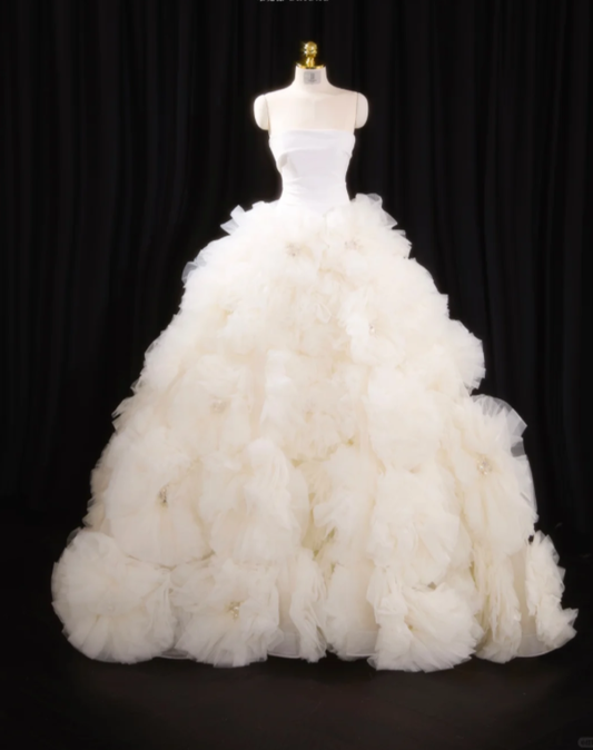 Charming Strapless Satin Tulle Beaded 3D Flowers Ball Gown Long Wedding Dress SP2239