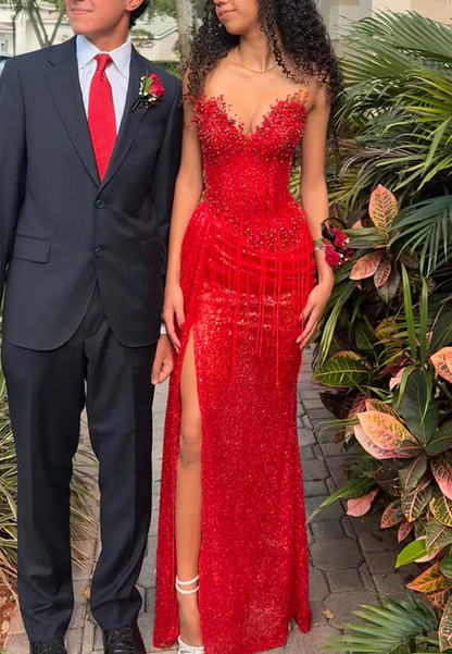 Sparkly Red Sequin Beaded Mermaid Long Party Dress Sweetheart Neck Slit Prom Dress SP4203