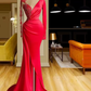 Long Red Satin Evening Dresses, Sheer Neckline Long Sleeve Beaded African High Slit Women Formal Prom Dress S24678