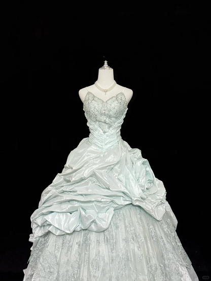 Glamorous Spaghetti Straps V Neck Lace Satin Pleated Floral Quinceanera Dress Sweet 16 Dress SP2219