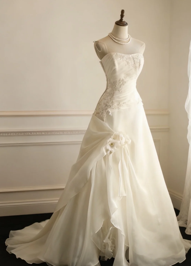 Classy Strapless Chiffon Appliques Mermaid White Long Wedding Dress SP1167