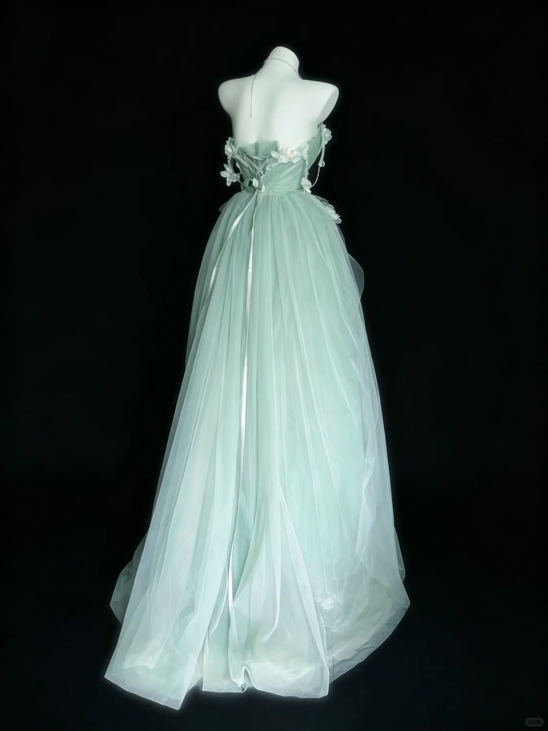Elegant Strapless Mint Green Tulle Party Dress White Appliques A-Line Long Prom Dress SP2727