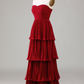 Strapless Tiered Burgundy Long Prom Dress Y5888