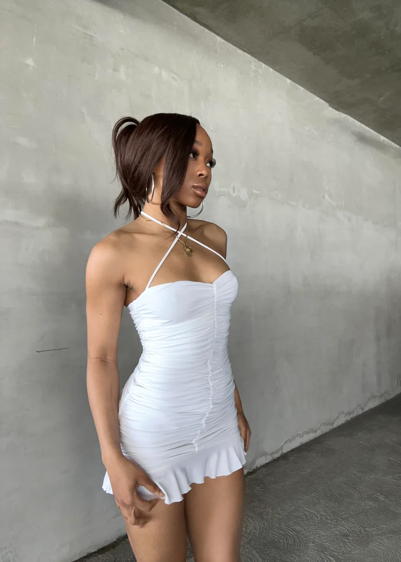 White Bodycon Dress With Ruched,White Mini Homecoming Dress,Y2443