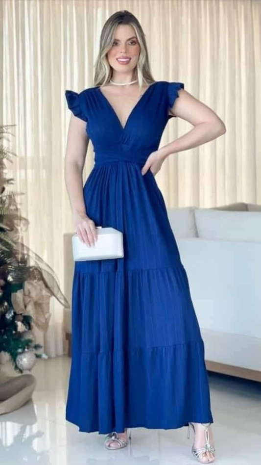 Modest A-line V Neck Blue Prom Dress,Blue Evening Gown  Y5085
