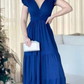 Modest A-line V Neck Blue Prom Dress,Blue Evening Gown  Y5085